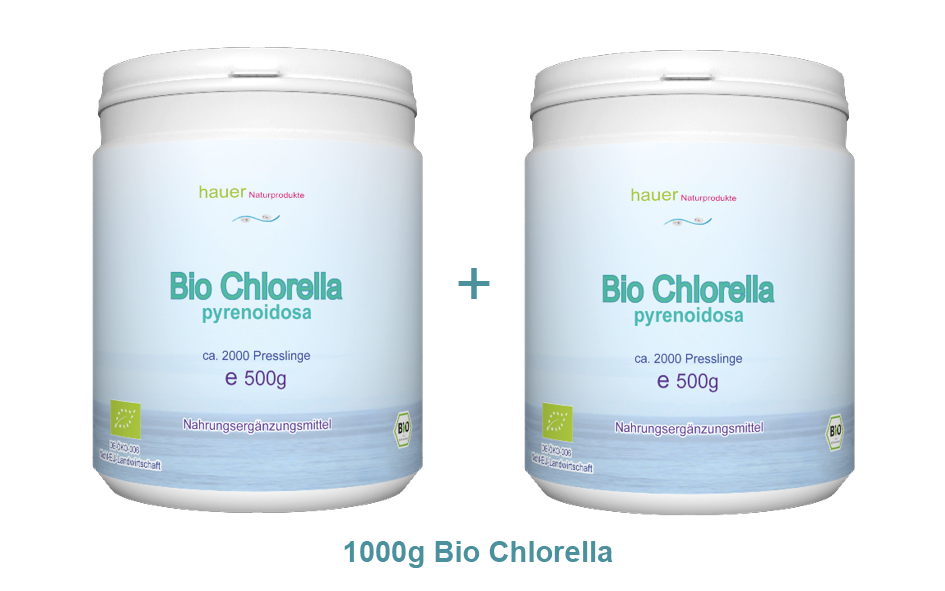 Chlorella-1000g_ohne_Naturland 1kg (2x500g) Bio Chlorella pyrenoidosa, 4000 Presslinge á 250mg, aus kontrolliert biologischem Anbau